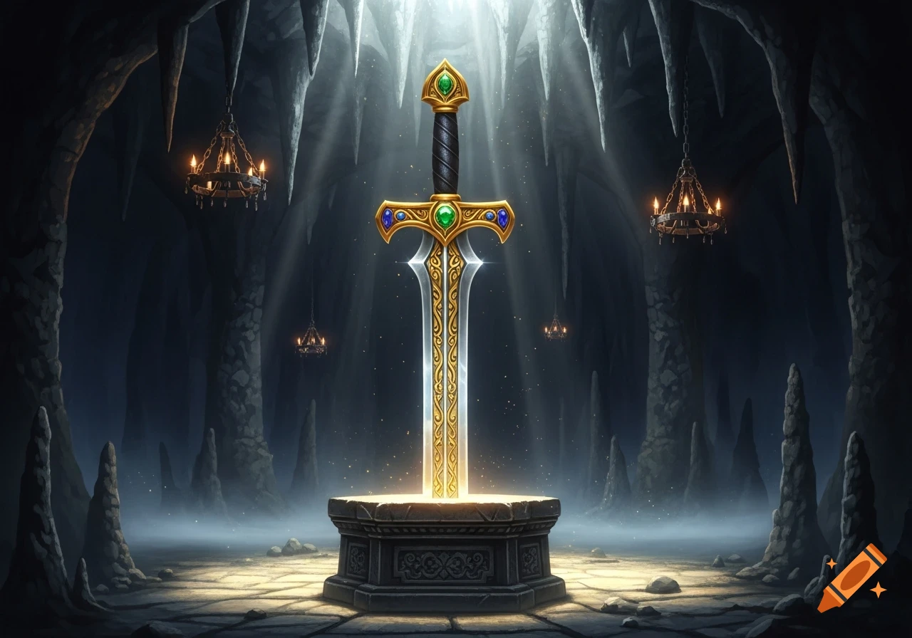A glowing, ornate gold and silver sword stands on a stone pedestal in a dark, mystical cave illuminated by light rays and chandeliers.