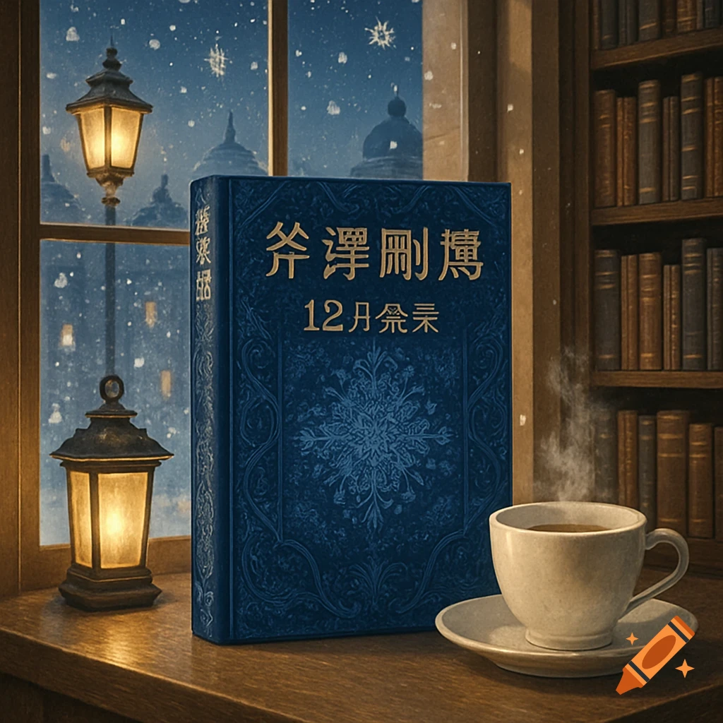 A blue book and a steaming coffee cup on a wooden table by a window where snow falls; two lanterns glow, a bookshelf is in the background.