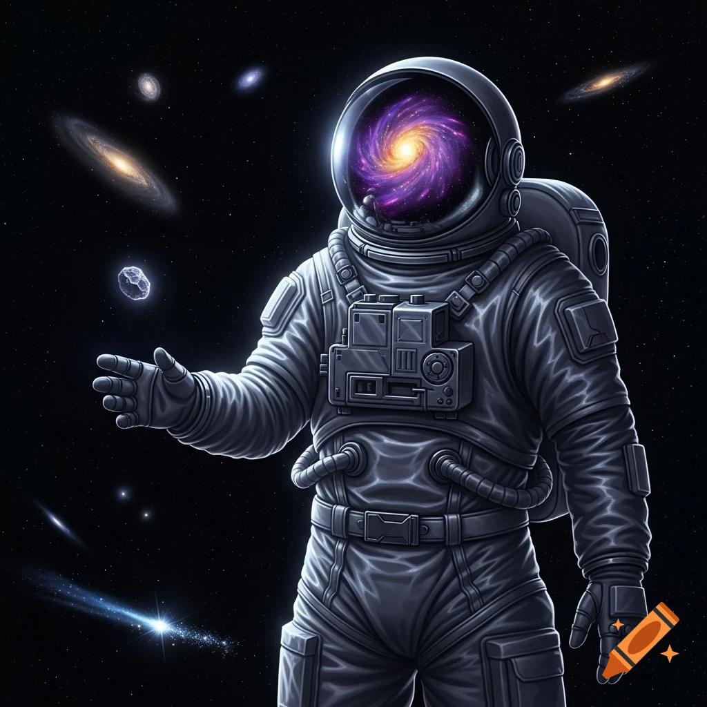 A stylized astronaut in a space suit stands in space, a vibrant galaxy swirling in its helmet, surrounded by distant galaxies.