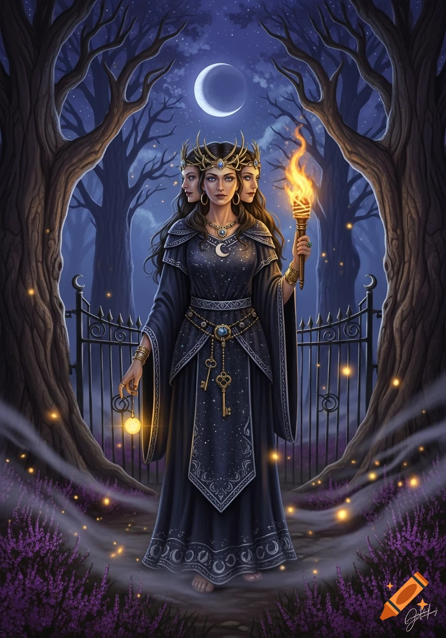A three-faced goddess, Hecate, in a dark celestial gown, holds a lantern and a burning torch by a moonlit gate surrounded by trees and glowing flowers.