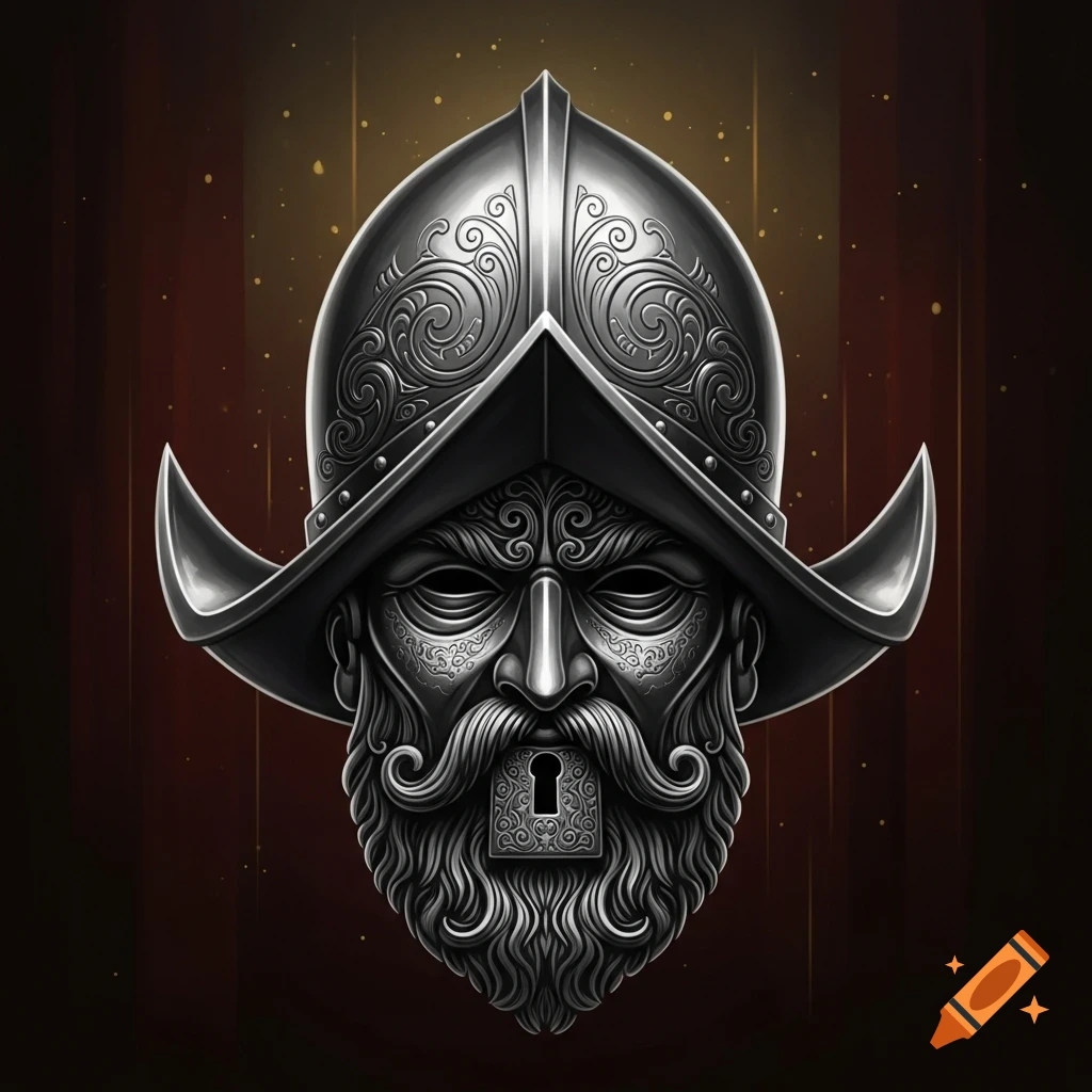 An ornate, dark metallic conquistador helmet with a stylized bearded facemask featuring a keyhole on the mouth area.