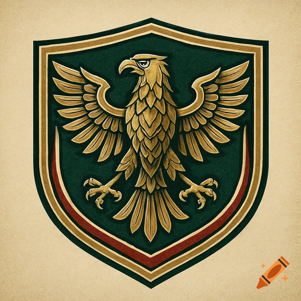 A stylized golden eagle emblem with outstretched wings on a dark green shield, outlined in gold and red, on a textured tan background.