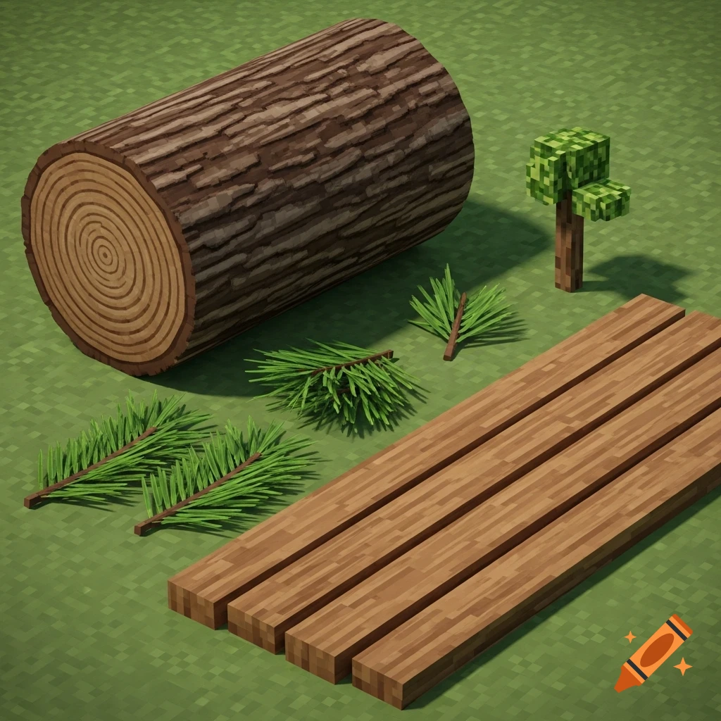 Minecraft-style wood log, planks, sapling, and pine needles on a pixelated grass block surface.
