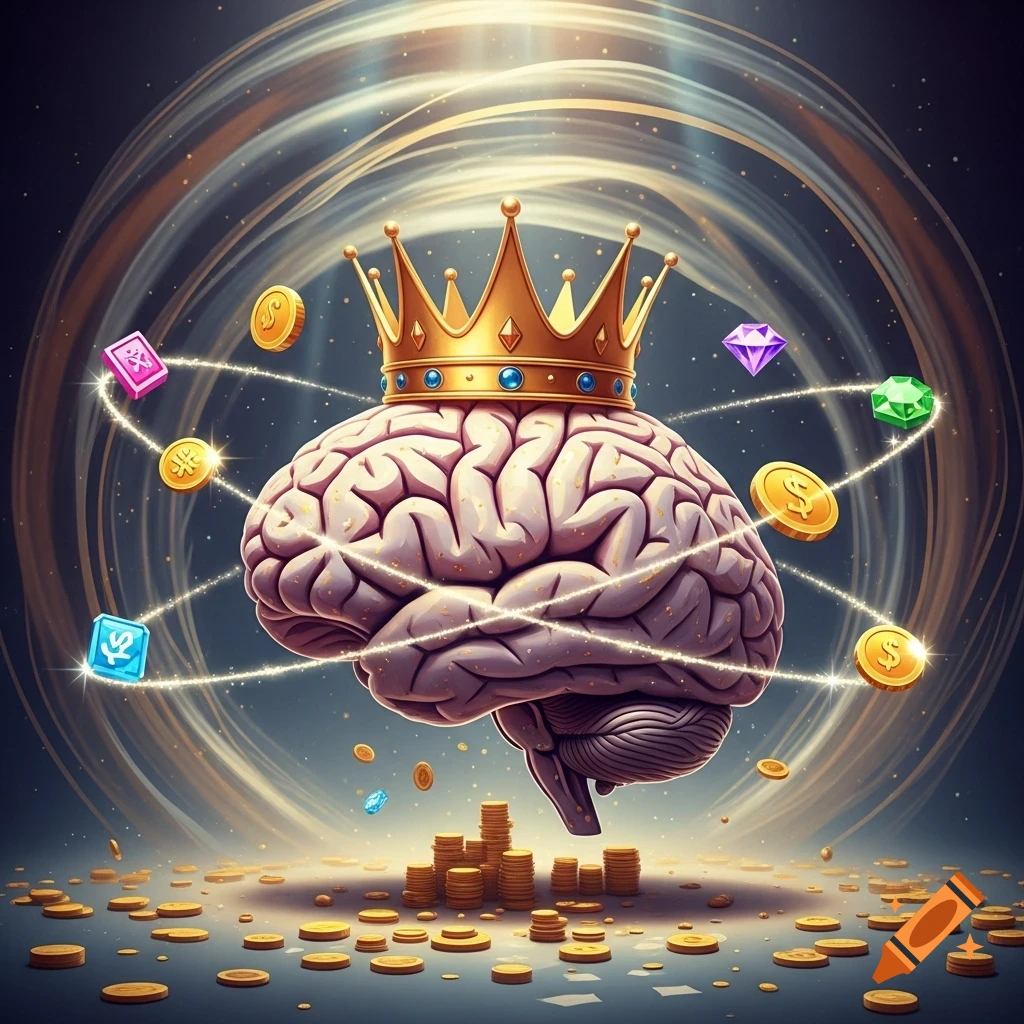 A brain wearing a golden crown, surrounded by floating gold coins and colorful gems, above a pile of coins, against a sparkling abstract background.