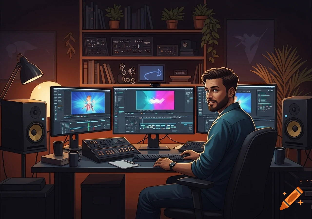A man with a beard sits at a desk with three computer monitors, editing videos, in a dimly lit home office with warm lighting.