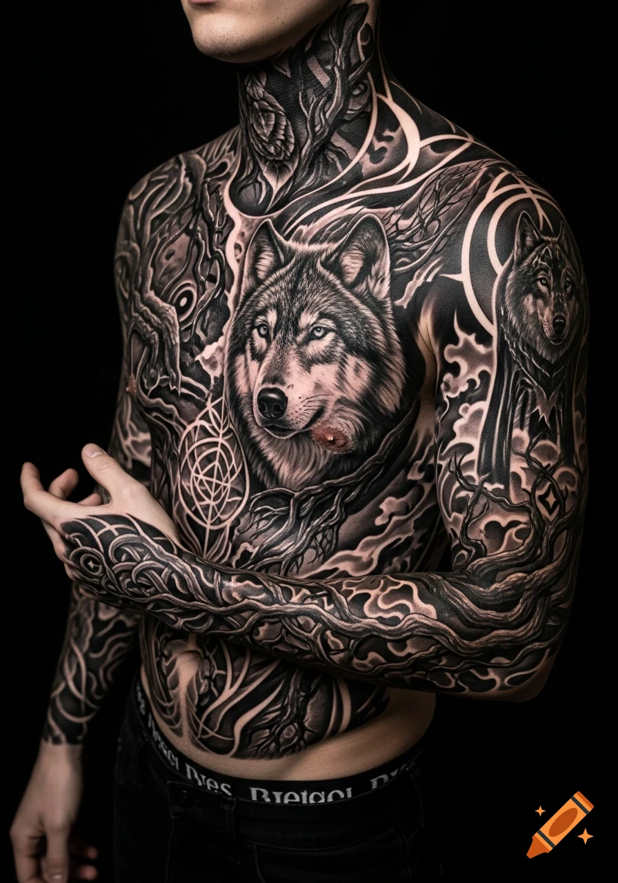 Close-up of a shirtless male torso covered in intricate black and grey wolf and forest-themed tattoos, with a hyper-realistic wolf head on the chest. Photorealistic style.