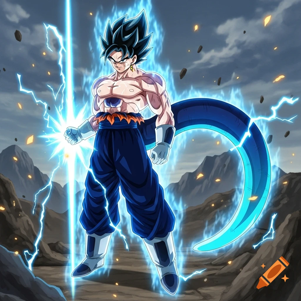 Anime character with dark spiky hair, muscular bare chest, blue pants, and a blue Frieza-like tail, radiating a bright blue aura and lightning in a rocky landscape.