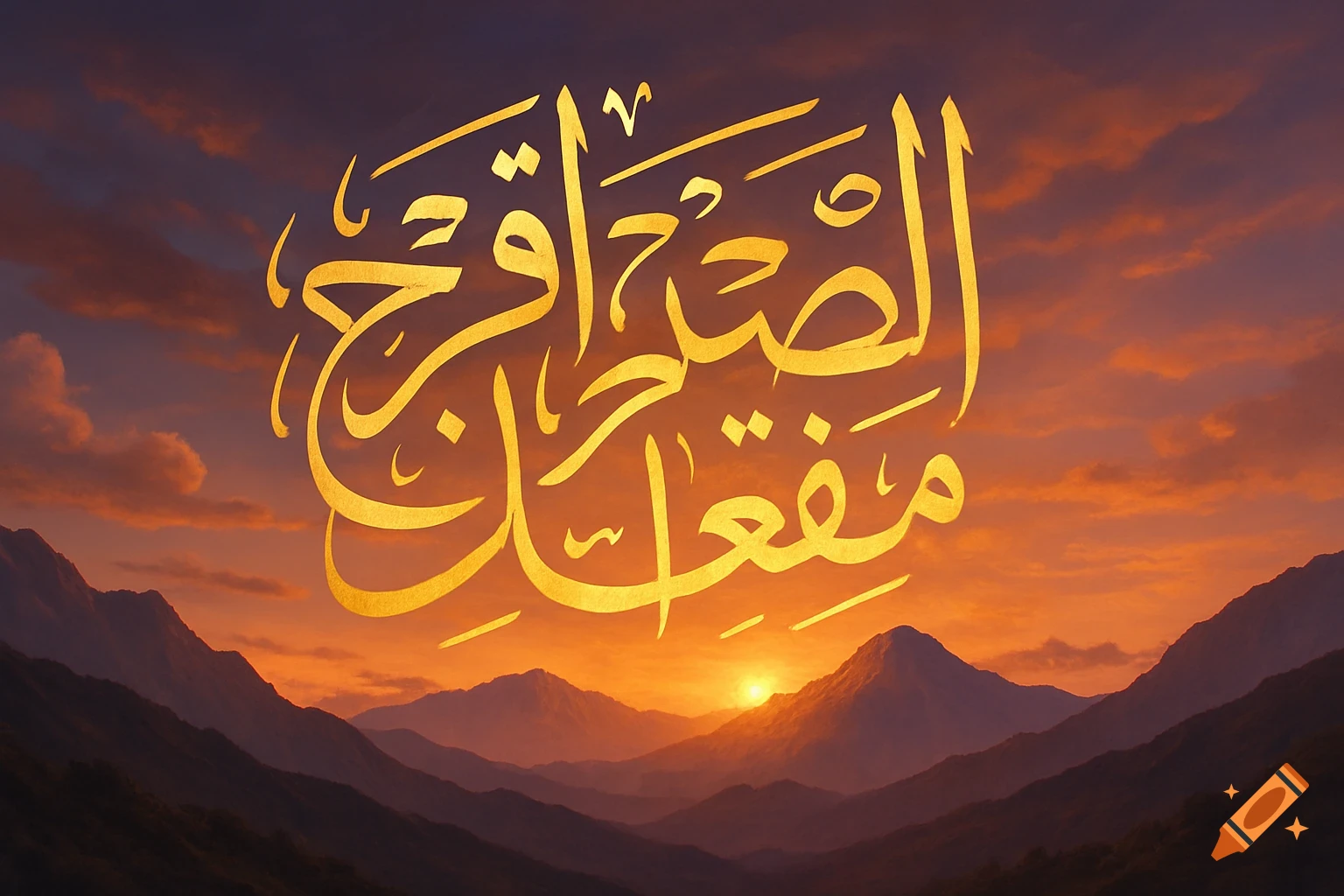 Golden Arabic calligraphy reading 'Patience is the key to relief' against a vibrant sunset mountain landscape.