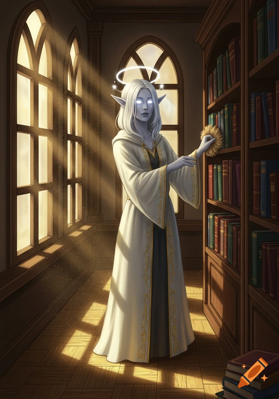A digital painting of a white-haired Aasimar with glowing eyes, wearing a white robe, dusting a bookshelf in a sunlit library.