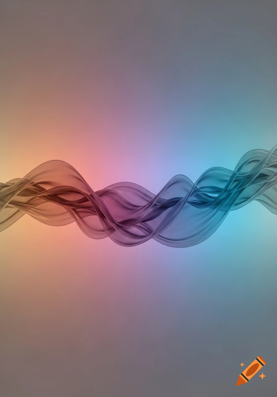 Abstract flowing transparent waves in orange, pink, purple, and blue against a soft gradient background.
