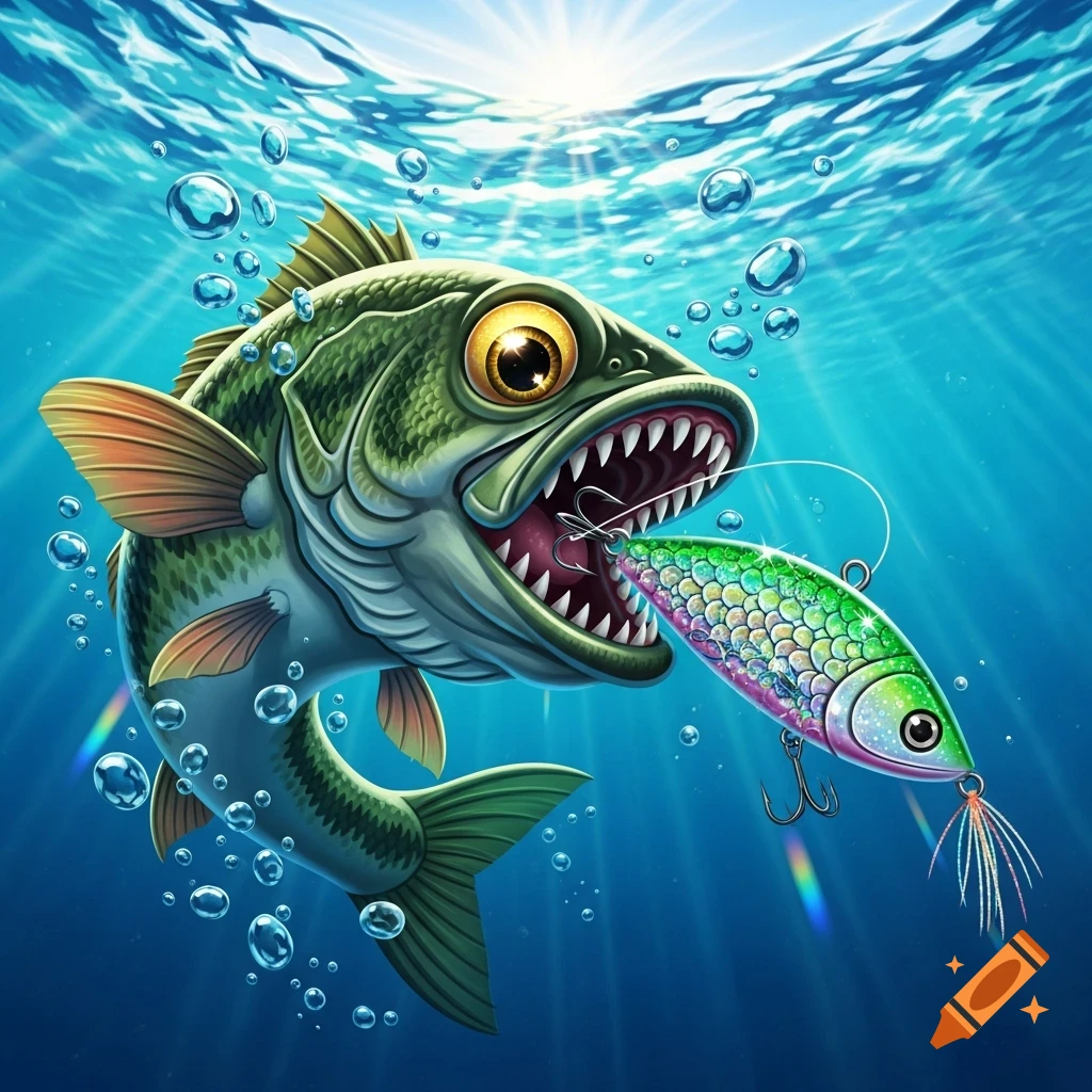 A cartoonish green bass fish with wide eyes and sharp teeth lunges at a colorful fishing lure underwater, with light from the surface.
