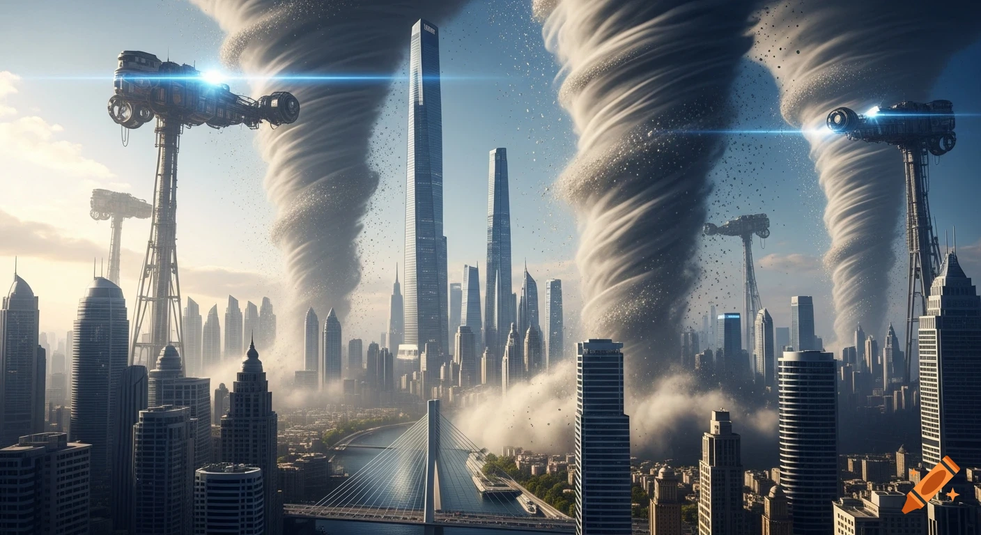 A futuristic city skyline with giant robotic structures on tall poles and massive tornadoes swirling between skyscrapers, under a dramatic sky. Photorealistic style.