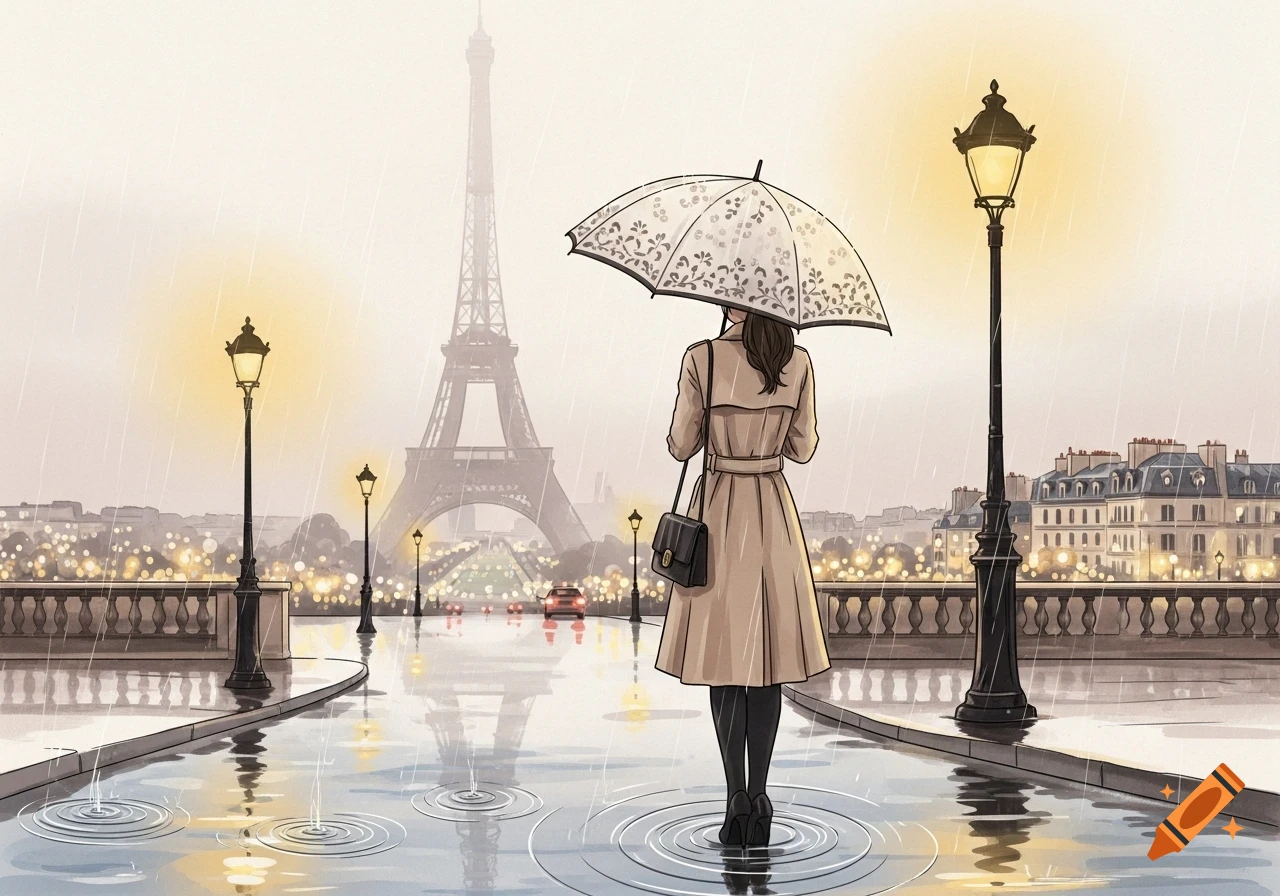 Illustrated scene of a woman with an umbrella looking at the Eiffel Tower in Paris on a rainy day.