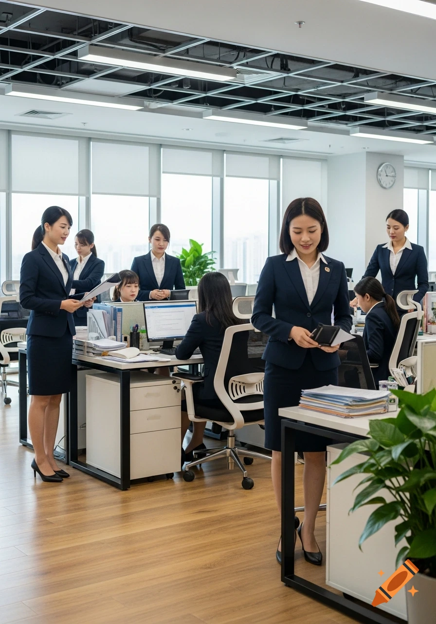 Asian women in navy suits work in a bright, modern open-plan office with large windows.