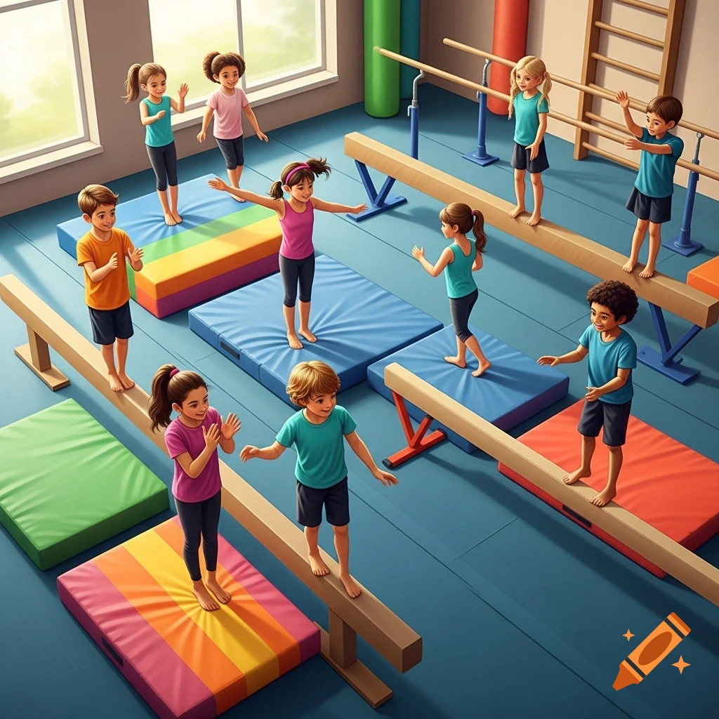 Diverse children in a vibrant gymnastics class balancing on beams and standing on colorful mats in a high-resolution, point-of-view shot.