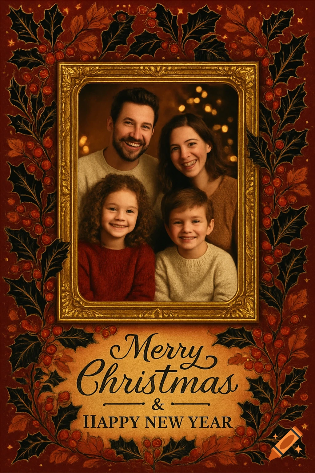A holiday card featuring a smiling family portrait in a gold frame, surrounded by holly and berries, with "Merry Christmas & Happy New Year" text below.