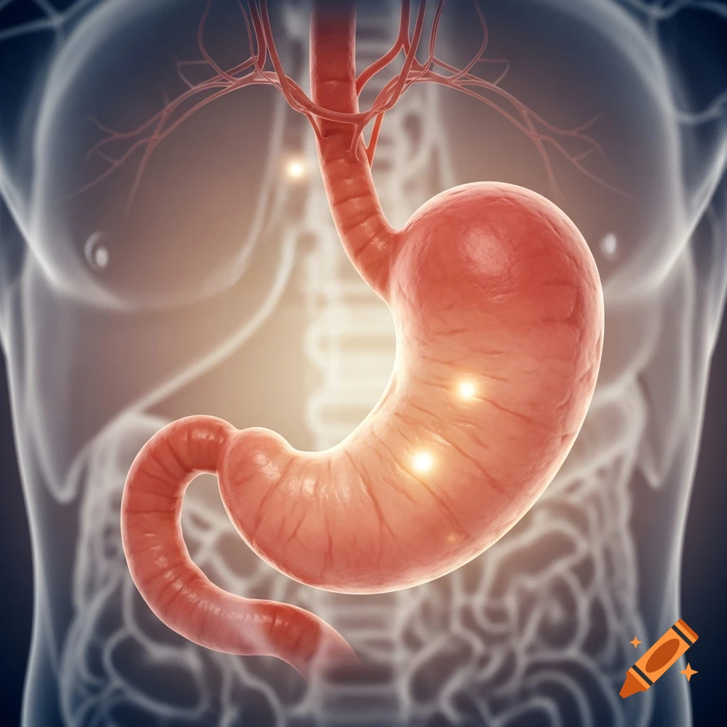 3D medical illustration of a human stomach and digestive system within a translucent body outline.