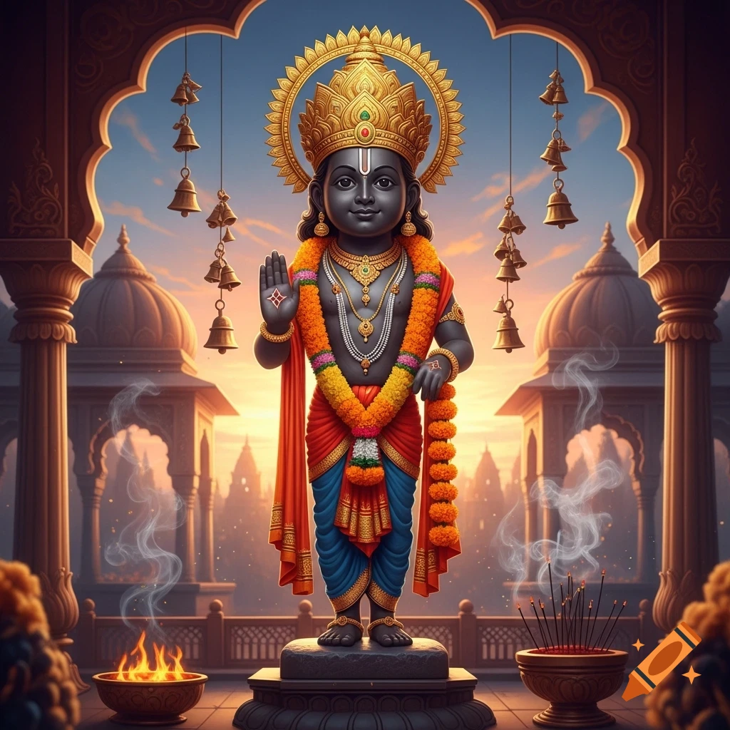 A dark-skinned Hindu deity statue with a golden crown and garlands, standing in an ornate temple archway at sunset with devotional offerings.