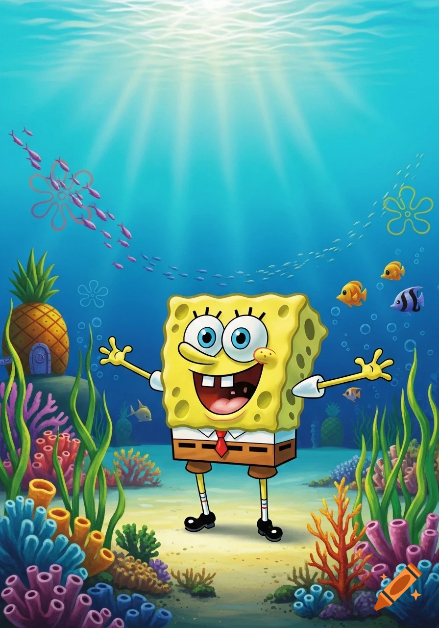 SpongeBob SquarePants smiling widely underwater with his pineapple house, colorful coral, and fish swimming around him.