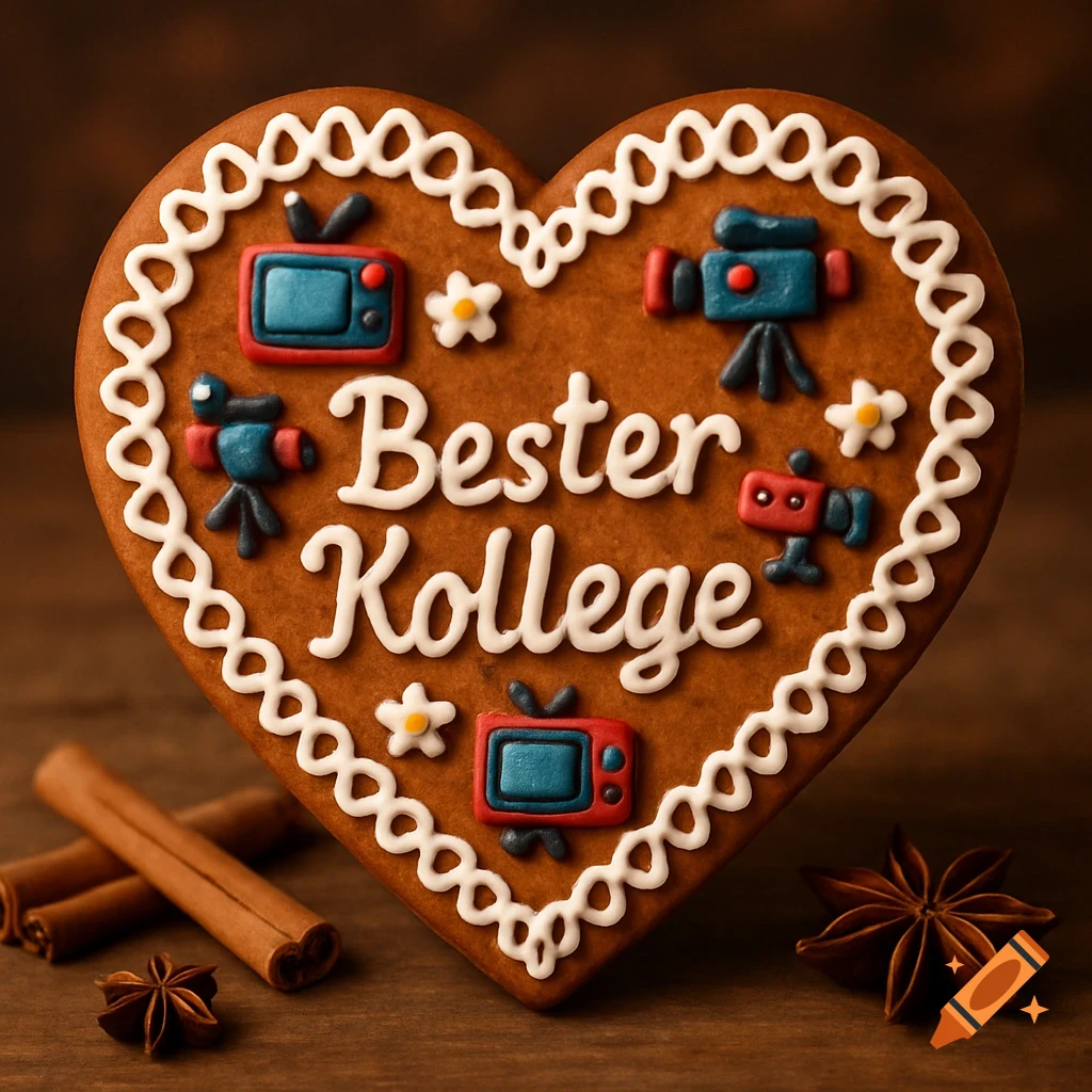 Heart-shaped gingerbread cookie decorated with white icing, "Bester Kollege" text, and small TV screens and cameras, on a wooden surface with spices.