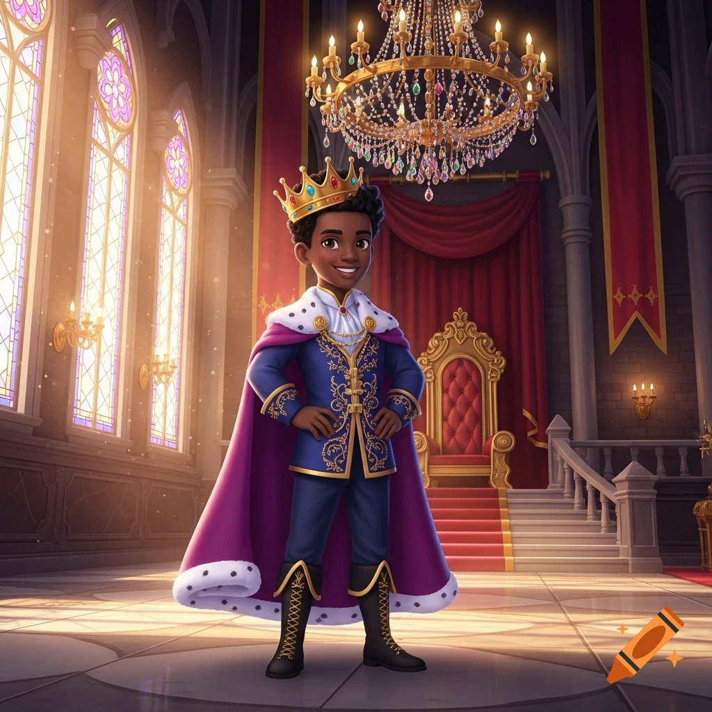 A smiling young Black prince in a blue and gold suit with a purple cape and crown stands in a grand throne room.