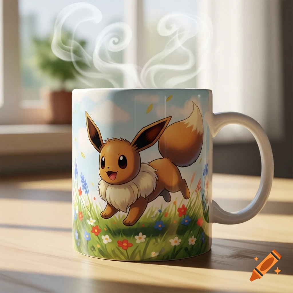 A white mug with a cartoon Eevee character frolicking in a field of flowers, steaming on a wooden table.