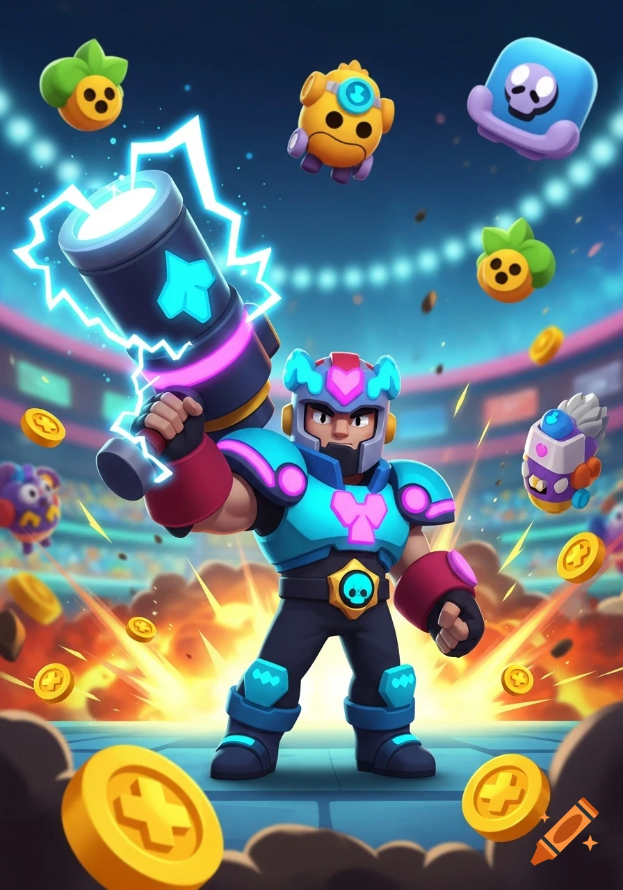 Cartoon game character in blue armor holding a lightning hammer, surrounded by floating creatures and coins in an arena.