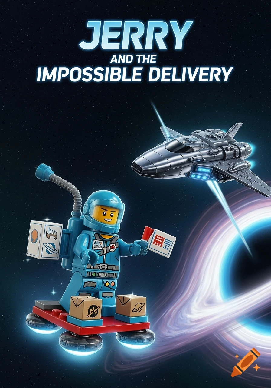 A Lego spaceman delivers packages on a hoverboard in space with a spaceship near a black hole, title says 'Jerry and the Impossible Delivery'.