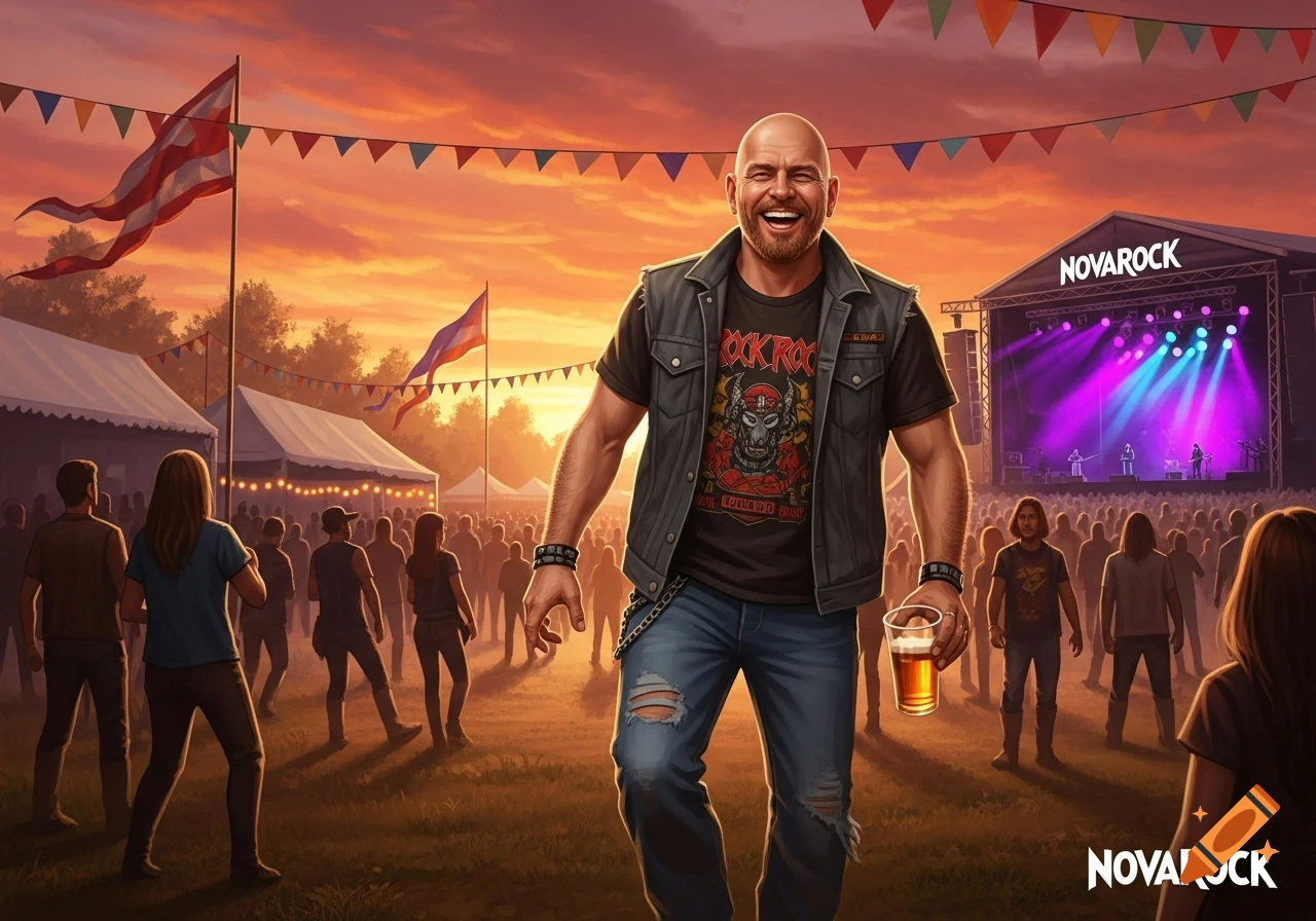 A bald, bearded man with a wide smile holds a beer at a lively outdoor rock music festival during sunset. A stage with 'NOVAROCK' is visible in the background, illuminated by purple and blue lights, with a crowd of people watching. Decorative flags string across the sky, and tents are set up on the left.