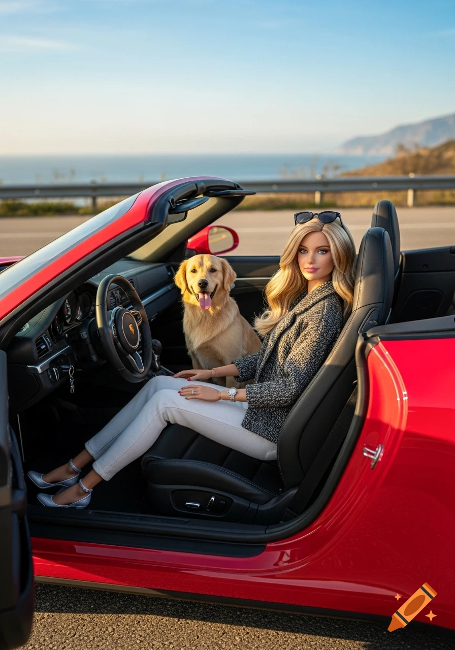 A blonde Barbie doll and a golden retriever ride in a red convertible on a scenic coastal road.
