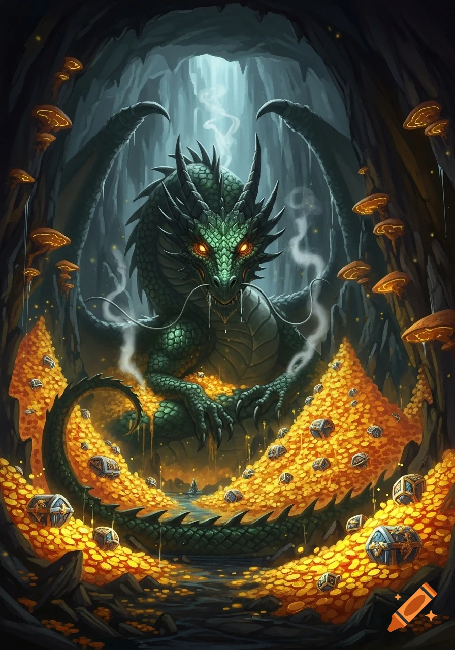A fierce green dragon with glowing orange eyes sits amidst massive piles of gold and treasure chests in a dark, mystical cave.
