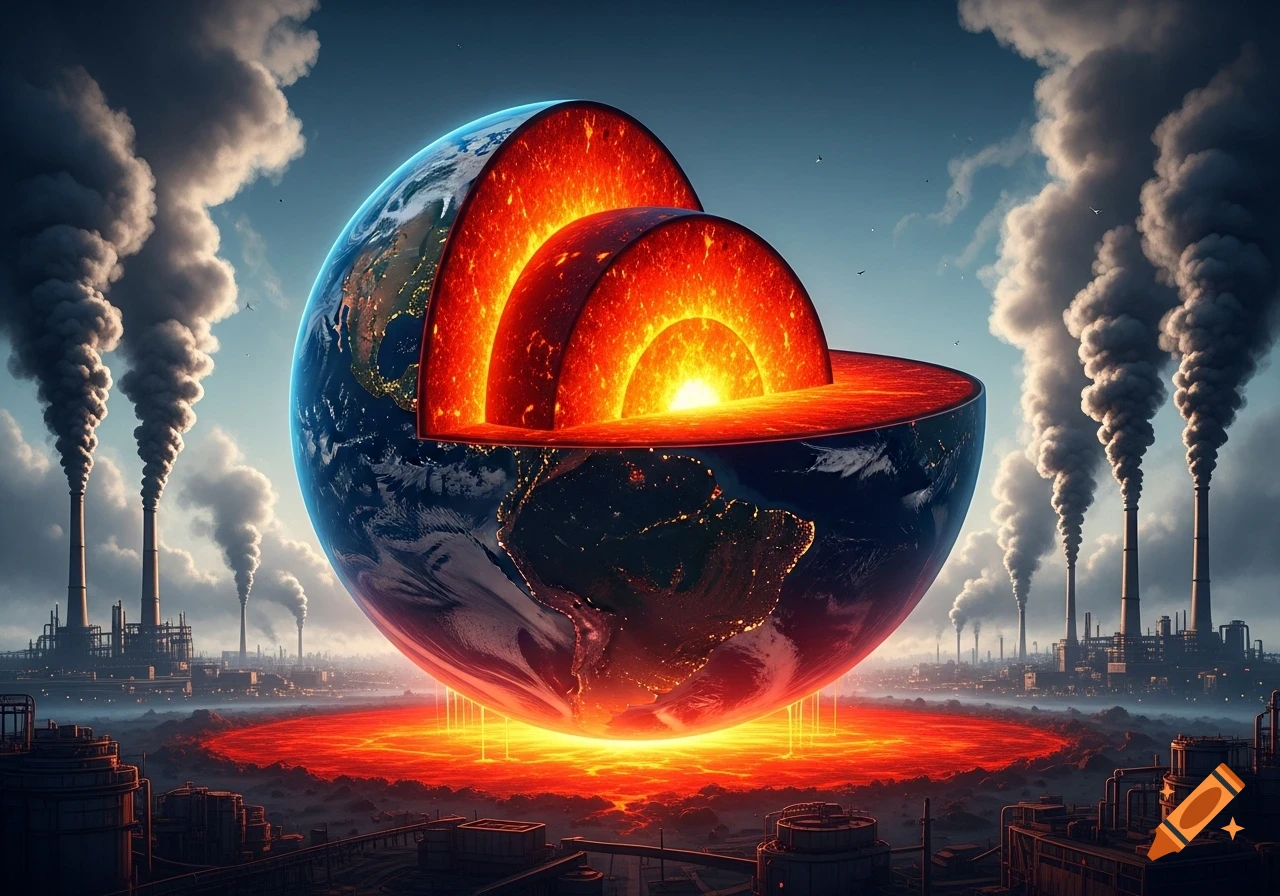 Photorealistic illustration of a cutaway Earth with a glowing core, surrounded by smokestacks and lava.