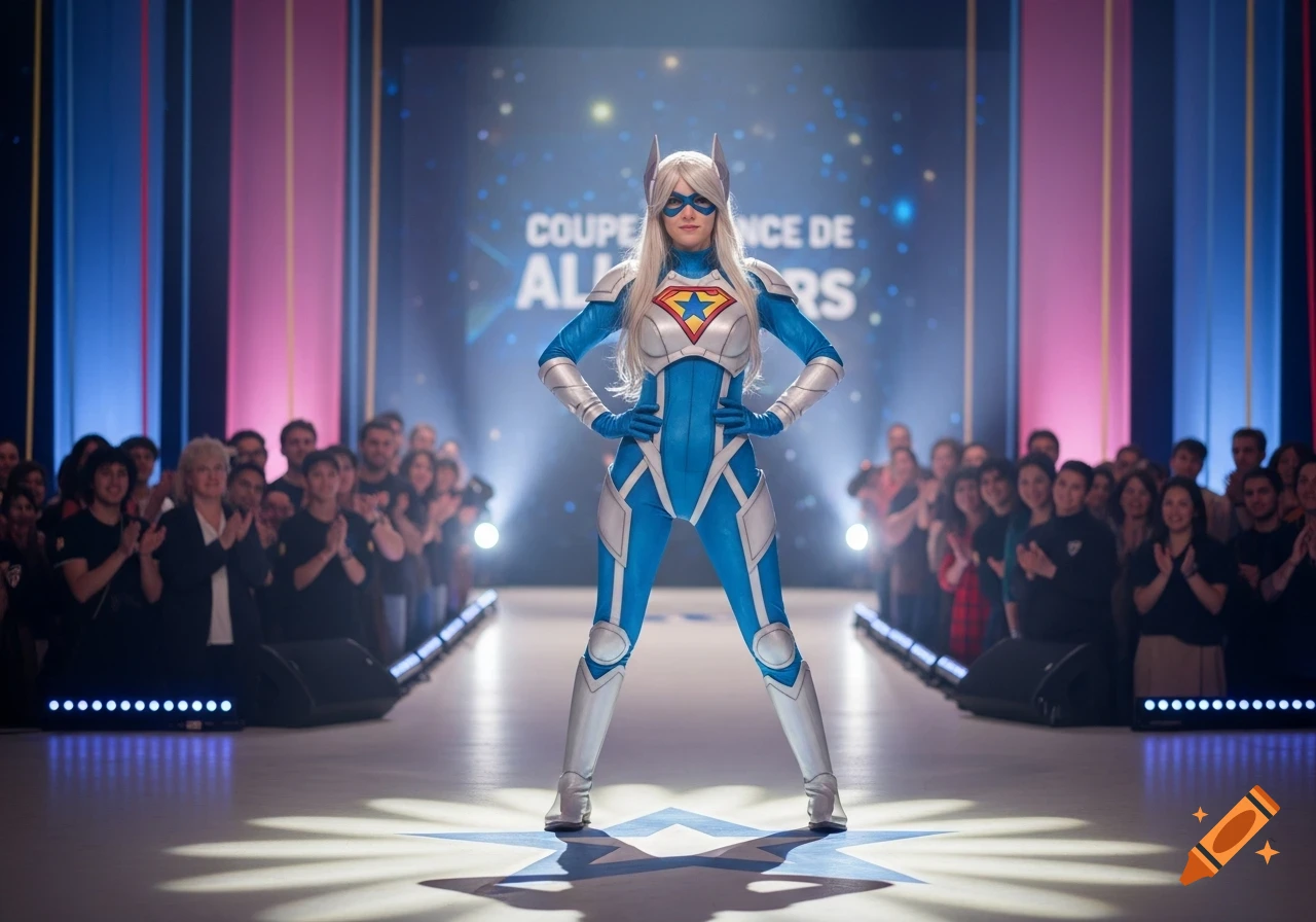 A photorealistic image of a female superhero cosplayer in a blue and silver costume with a red 'S' emblem on her chest, standing confidently on a stage under spotlights, in front of a cheering crowd and a screen with partially visible text.