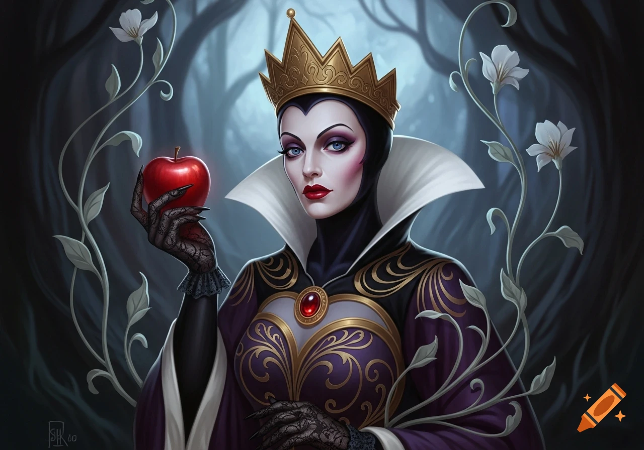 Stylized Art Nouveau portrait of the Evil Queen from Snow White, in a crown and dark regal attire, holding a glowing red apple.
