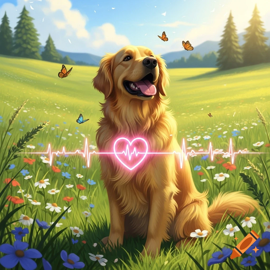 A happy golden retriever sits in a sunny wildflower field with a glowing pink heart and heartbeat line on its chest, surrounded by butterflies.
