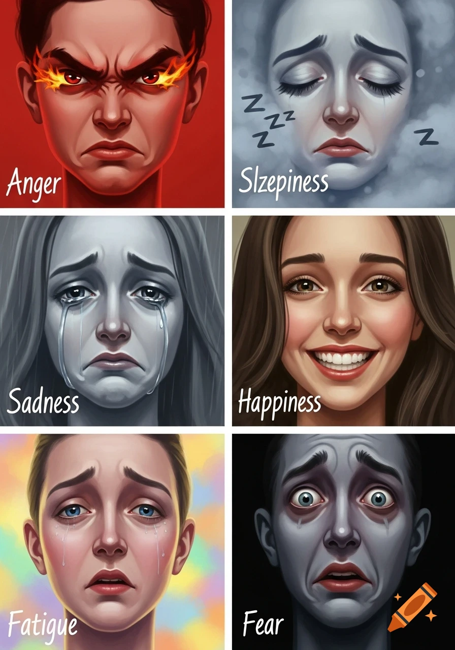 A grid of six illustrated human faces depicting different emotions: anger, sleepiness, sadness, happiness, fatigue, and fear.