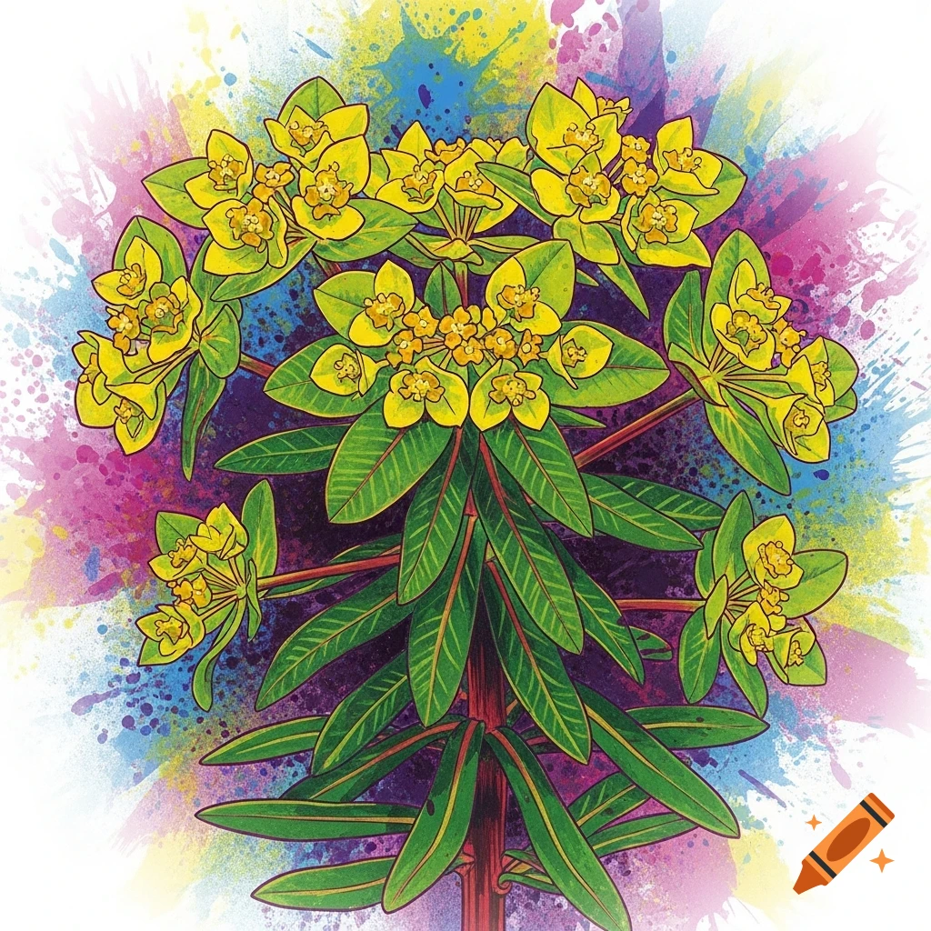 A vibrant screenprint illustration of a spurge plant with yellow flowers and green leaves against a colorful, splattered background.