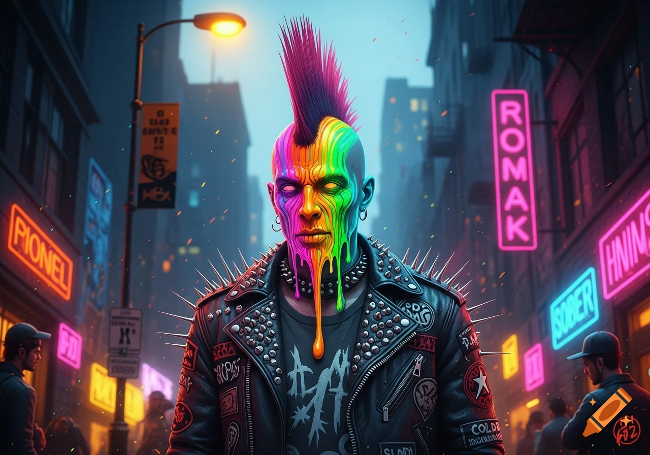 A punker with a vibrant, melting rainbow face and spiky mohawk stands in a futuristic city street at night, wearing a studded leather jacket amidst neon signs.
