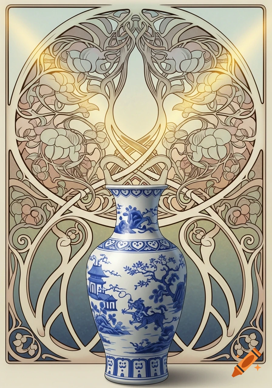 A blue and white Chinese porcelain vase sits before an ornate pastel Art Nouveau background with swirling floral patterns.