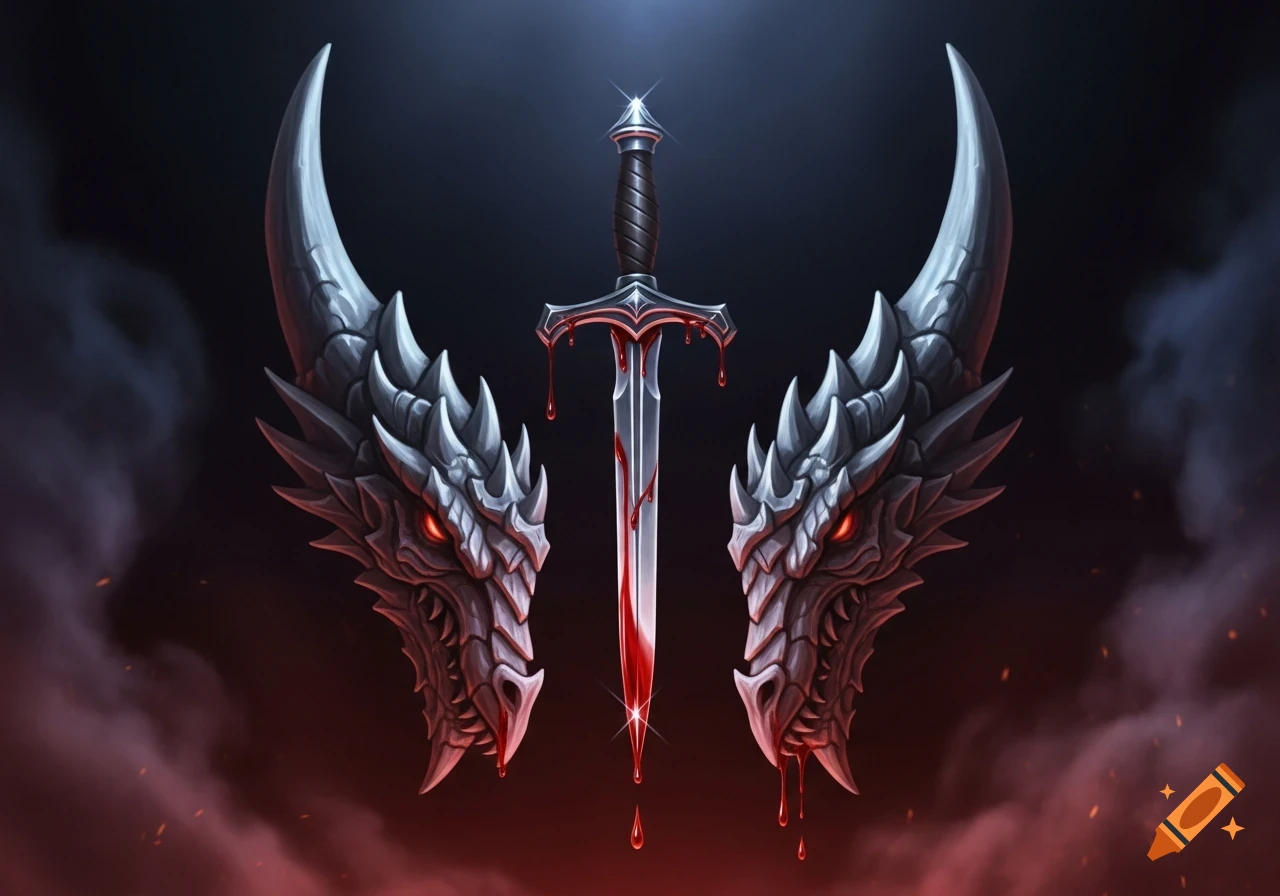 Two symmetrical grey dragon heads with glowing red eyes face inward, flanking a silver sword dripping red blood against a dark, smoky background.