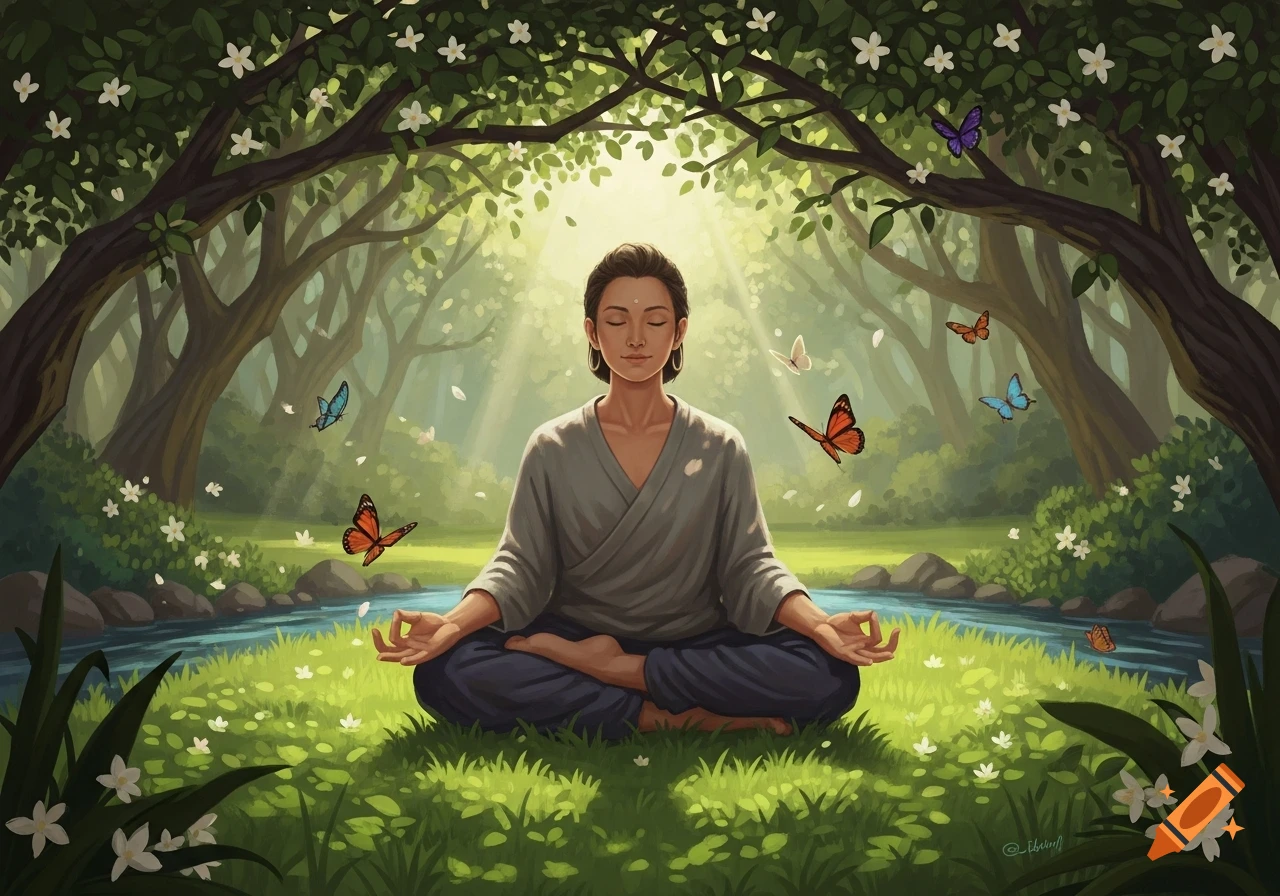 A person meditates peacefully in a vibrant green forest clearing, surrounded by white flowers, a flowing river, and colorful butterflies under sunbeams.