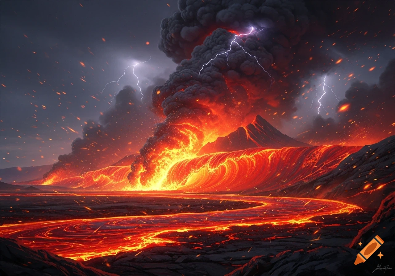 Dramatic scene of a massive volcanic eruption with molten lava flowing in waves and rivers, dark smoke billowing, and lightning in the sky.