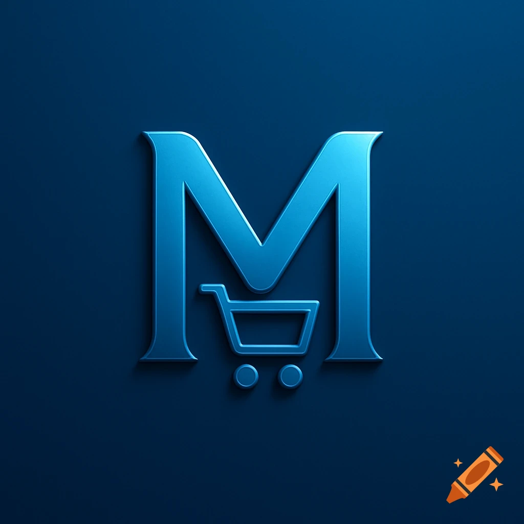 Blue metallic letter M logo with a shopping cart symbol at its base, on a dark blue background.