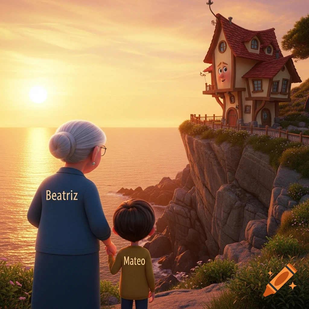 An elderly woman and a young boy stand on a cliff, looking at a whimsical house at sunset, in a storybook style.