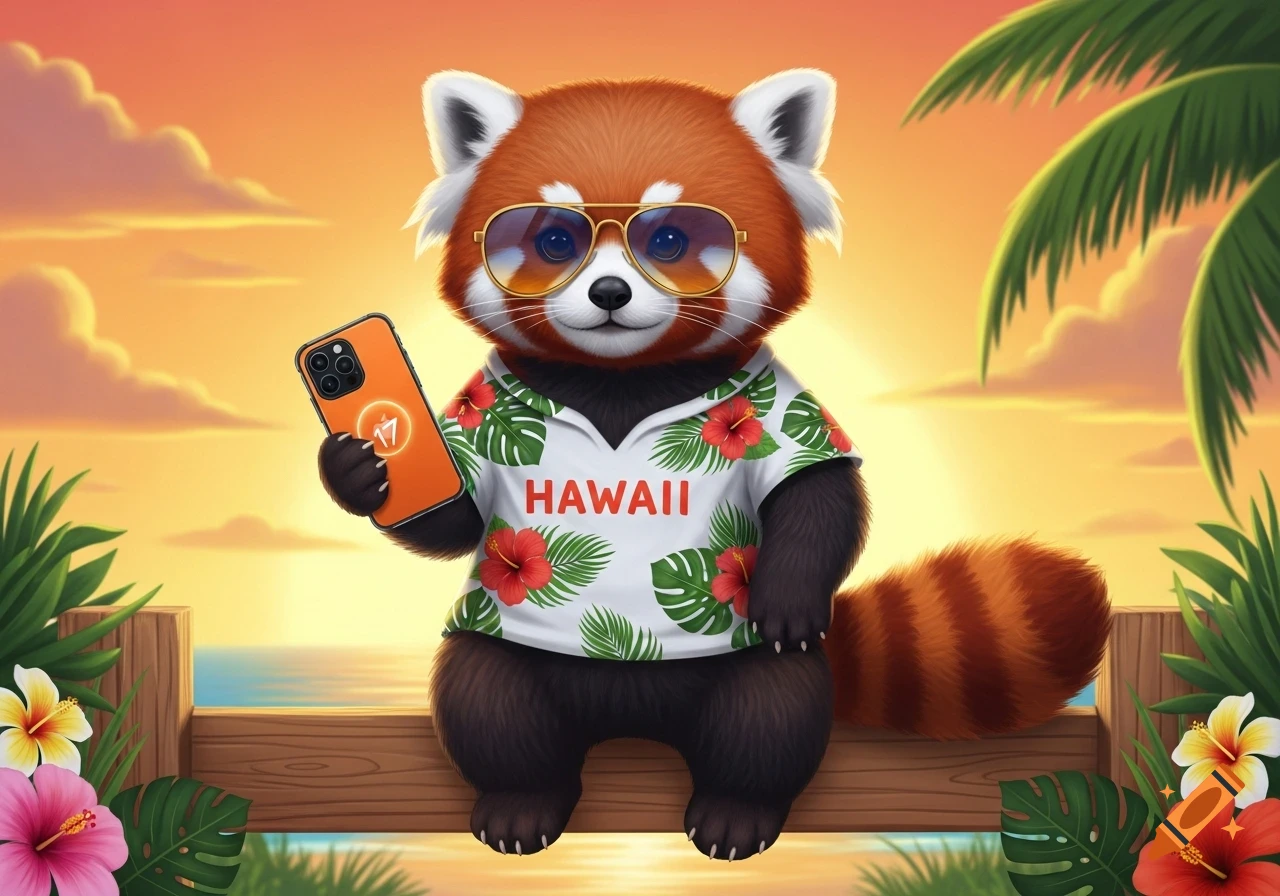 Cartoon red panda wearing sunglasses and a Hawaii shirt, holding a phone, sitting on a wooden bench with a tropical sunset background.