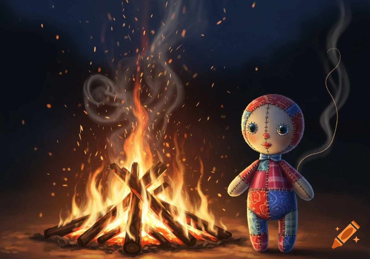 A stylized poppet doll stands beside a crackling campfire with sparks and smoke against a dark background.