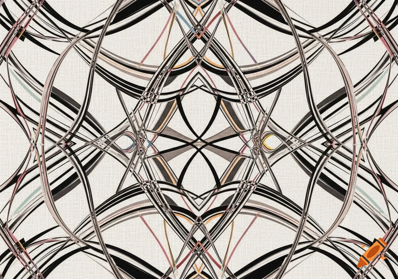 Intricate symmetrical abstract pattern of black, gray, and subtle colored lines on a light textured background.