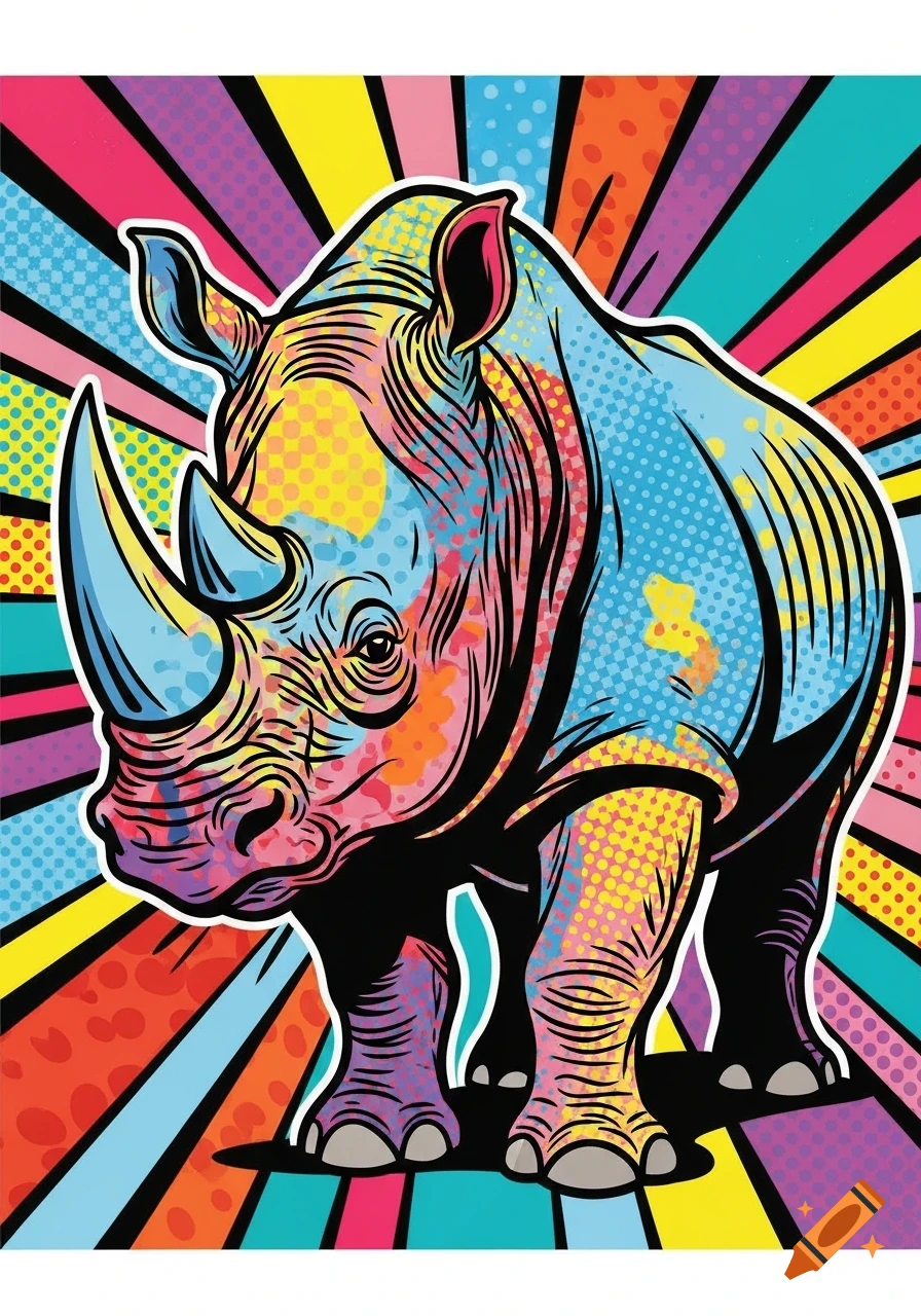 A vibrant pop art illustration of a rhinoceros, with bold outlines, multi-colored splashes, and halftone dot patterns on a radial background.