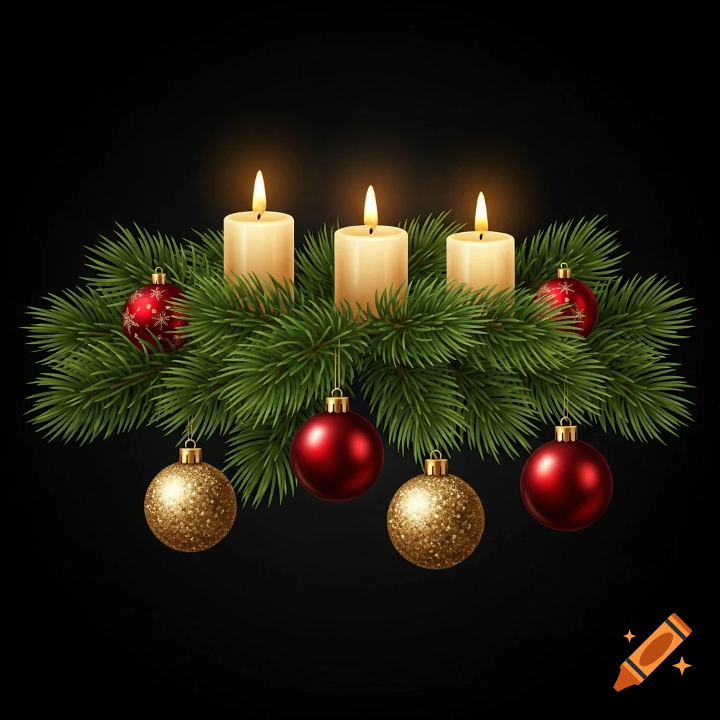 Three lit candles arranged on a bed of green fir branches, adorned with red and glittery gold Christmas ornaments, all set against a dark black background.