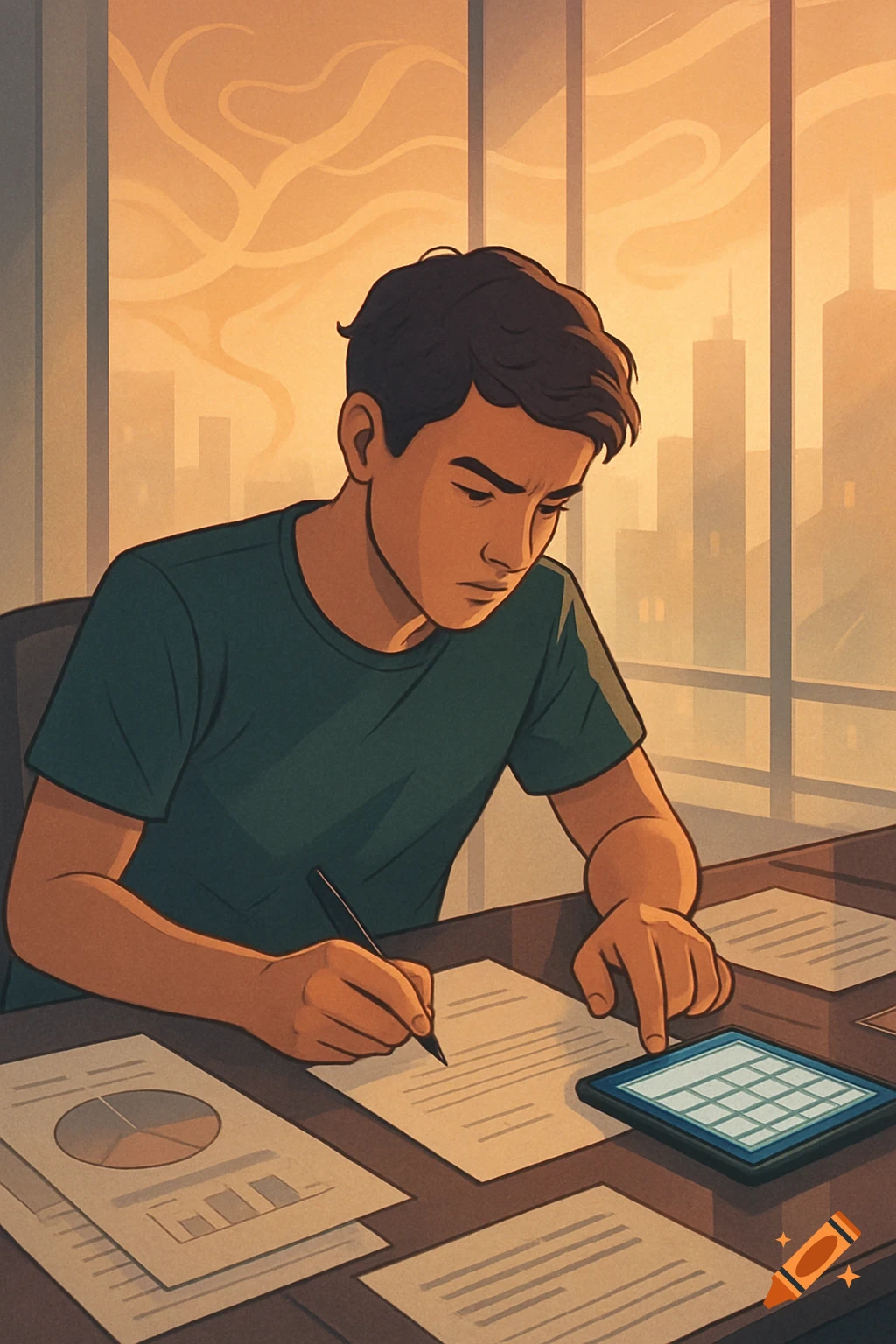An illustrated young man works at a desk, writing on papers and touching a tablet, with a city skyline at sunset visible outside.